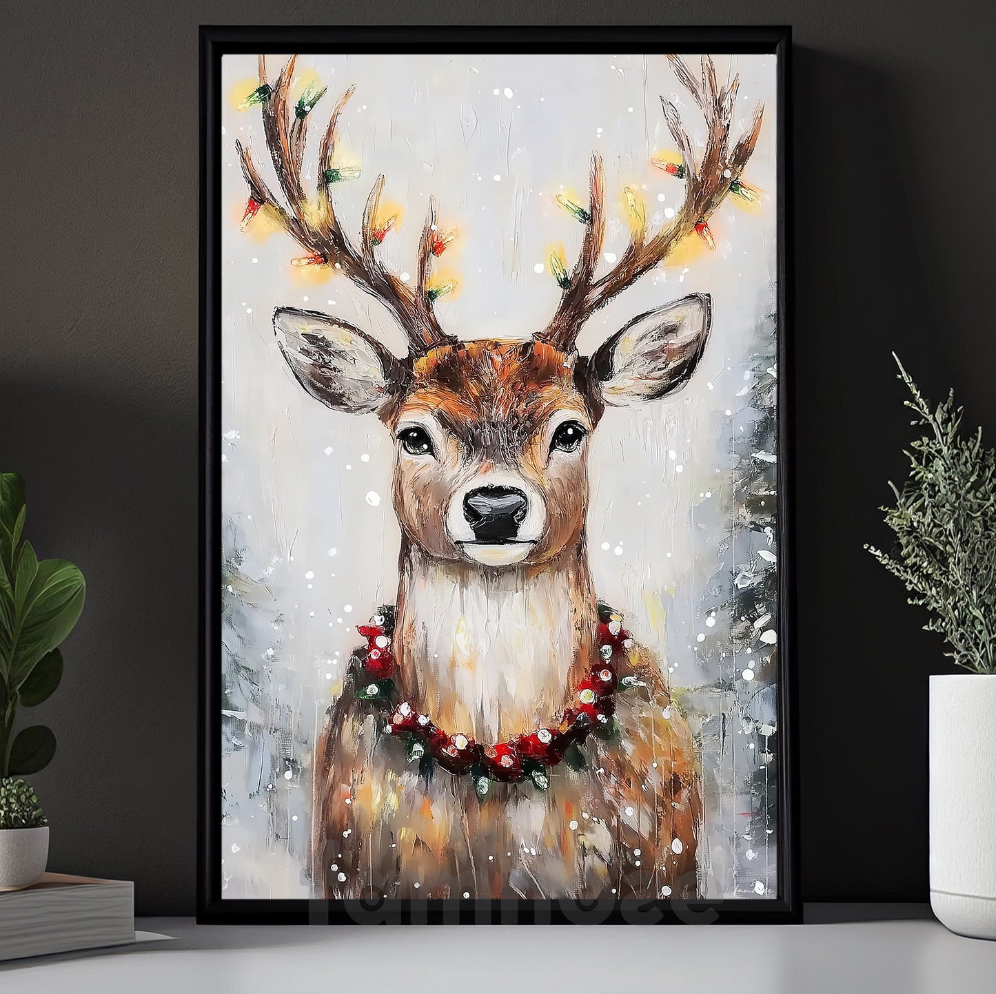 Elegant Christmas Reindeer Canvas Painting, Serene Reindeer Adorned With Christmas Lights Wall Art Decor, Xmas Poster Gift For Reindeer Lovers