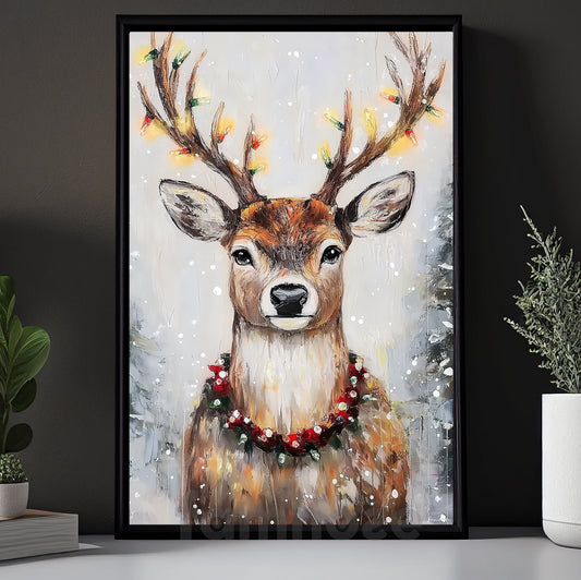 Elegant Christmas Reindeer Canvas Painting, Serene Reindeer Adorned With Christmas Lights Wall Art Decor, Xmas Poster Gift For Reindeer Lovers
