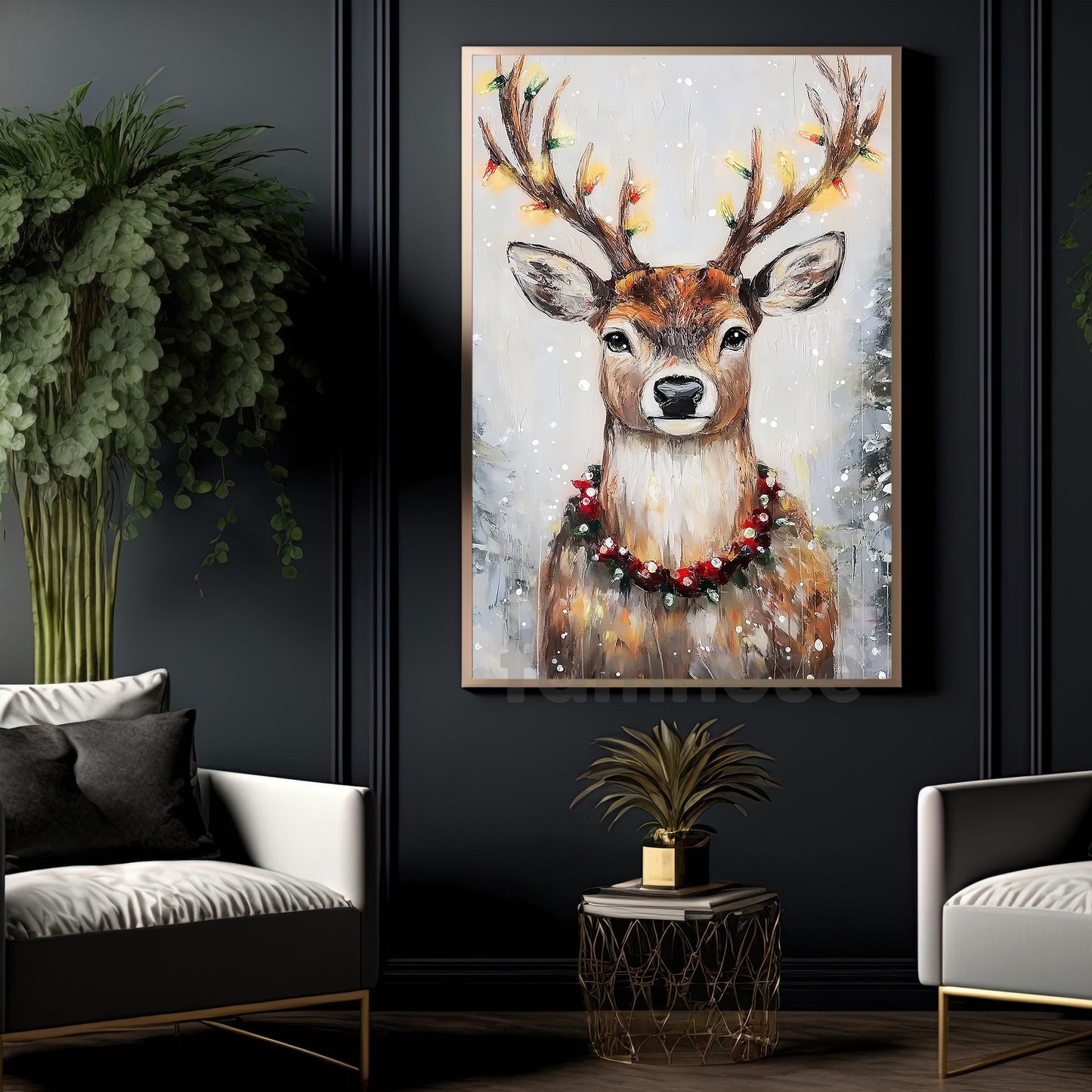Elegant Christmas Reindeer Canvas Painting, Serene Reindeer Adorned With Christmas Lights Wall Art Decor, Xmas Poster Gift For Reindeer Lovers