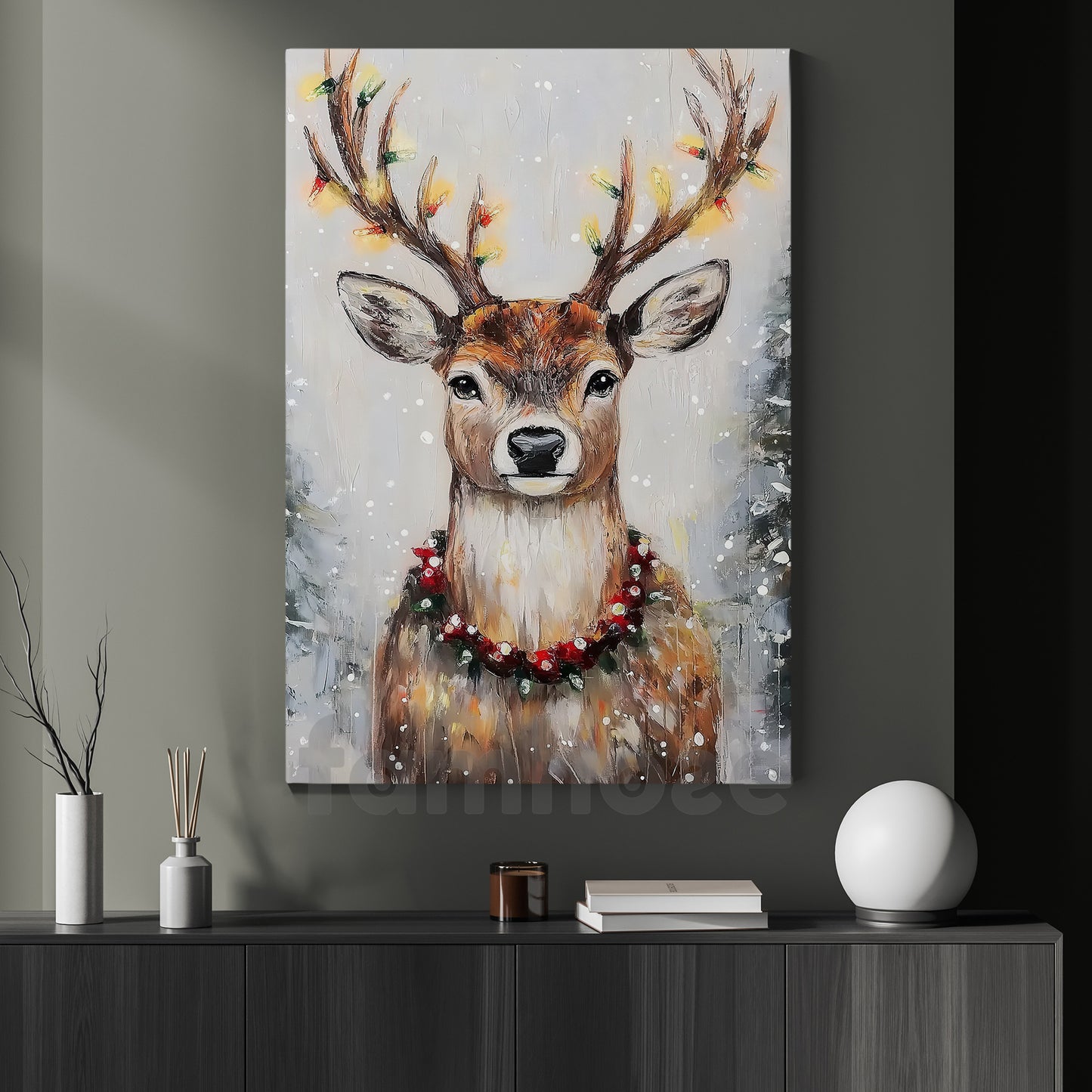 Elegant Christmas Reindeer Canvas Painting, Serene Reindeer Adorned With Christmas Lights Wall Art Decor, Xmas Poster Gift For Reindeer Lovers