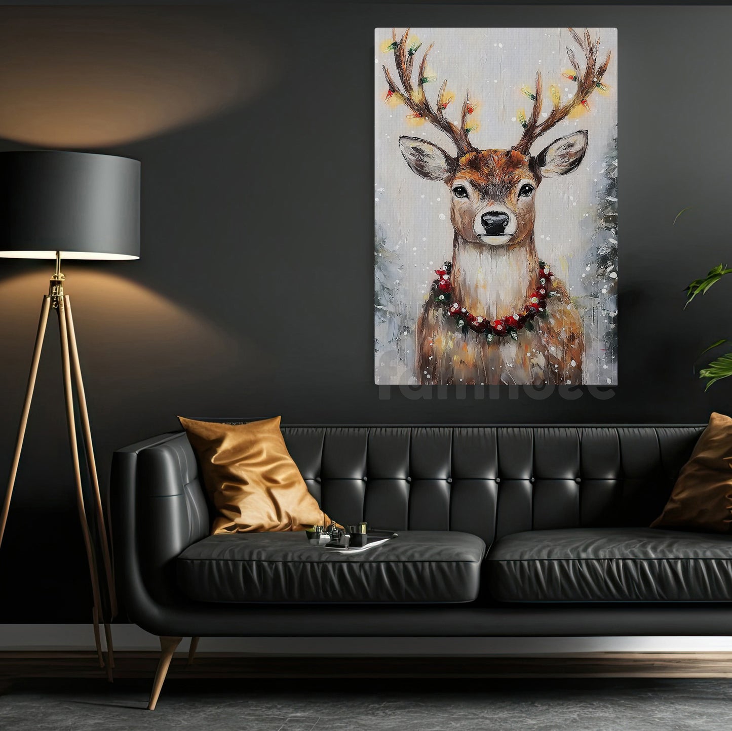Elegant Christmas Reindeer Canvas Painting, Serene Reindeer Adorned With Christmas Lights Wall Art Decor, Xmas Poster Gift For Reindeer Lovers
