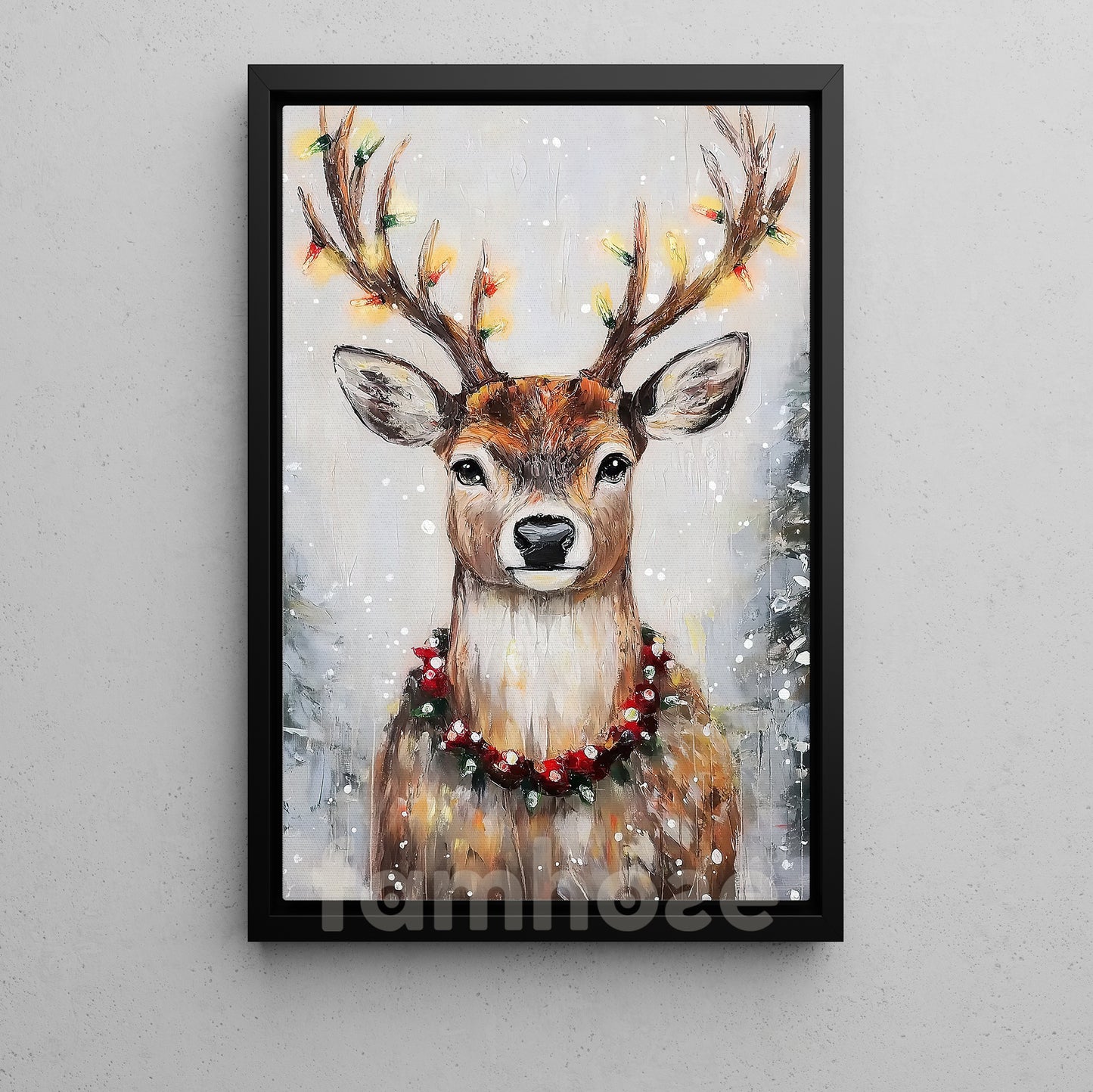 Elegant Christmas Reindeer Canvas Painting, Serene Reindeer Adorned With Christmas Lights Wall Art Decor, Xmas Poster Gift For Reindeer Lovers