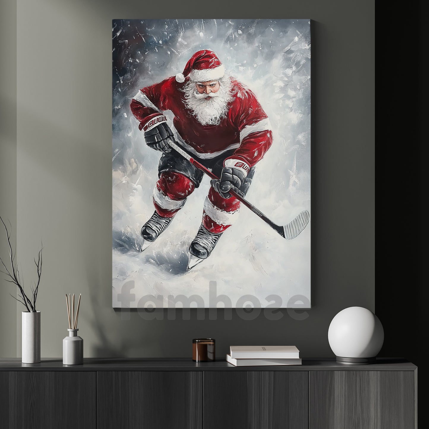 Christmas Hockey Canvas Painting, Santa Playing Ice Hockey Wall Art Decor, Xmas Poster Gift For Hockey Lovers