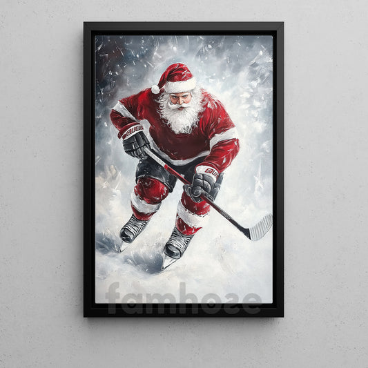 Christmas Hockey Canvas Painting, Santa Playing Ice Hockey Wall Art Decor, Xmas Poster Gift For Hockey Lovers