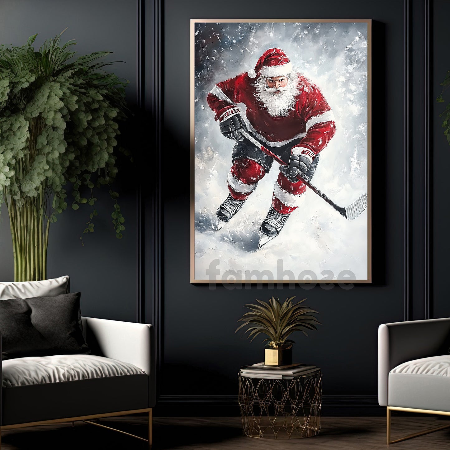 Christmas Hockey Canvas Painting, Santa Playing Ice Hockey Wall Art Decor, Xmas Poster Gift For Hockey Lovers