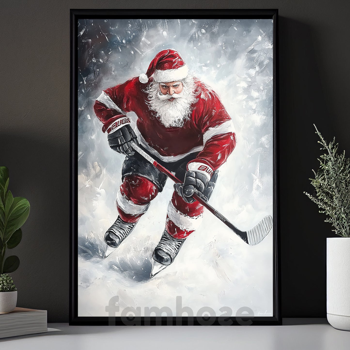 Christmas Hockey Canvas Painting, Santa Playing Ice Hockey Wall Art Decor, Xmas Poster Gift For Hockey Lovers