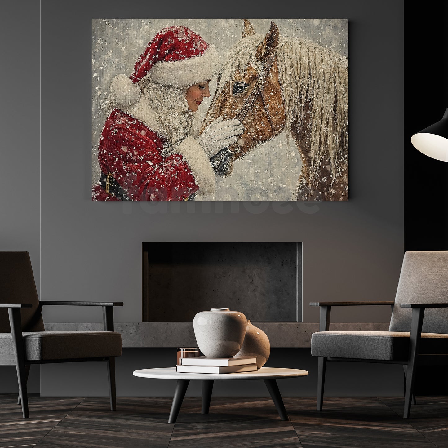 Christmas Horse Canvas Painting, Rustic Santa Woman And Horse Wall Art Decor, Xmas Poster Gift For Horse Lovers