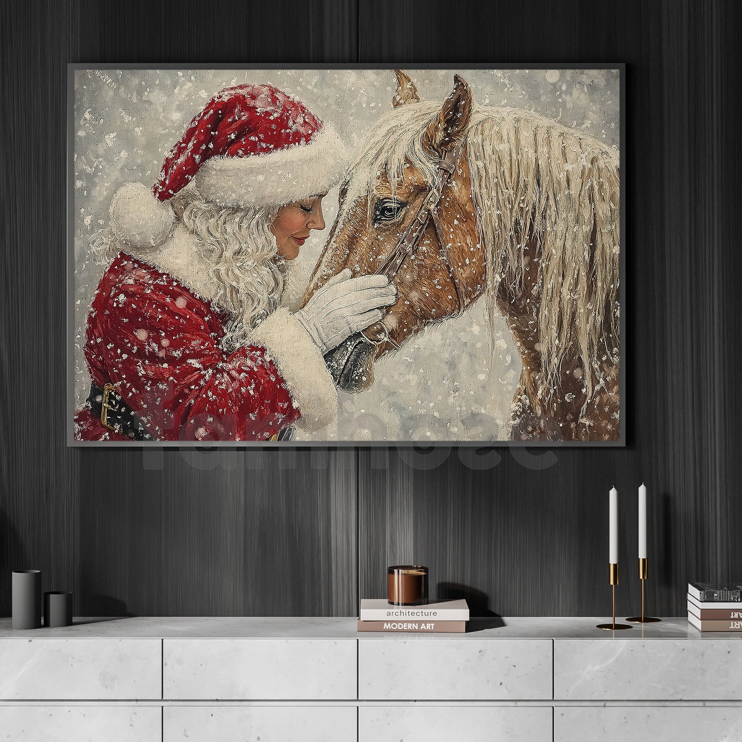 Christmas Horse Canvas Painting, Rustic Santa Woman And Horse Wall Art Decor, Xmas Poster Gift For Horse Lovers