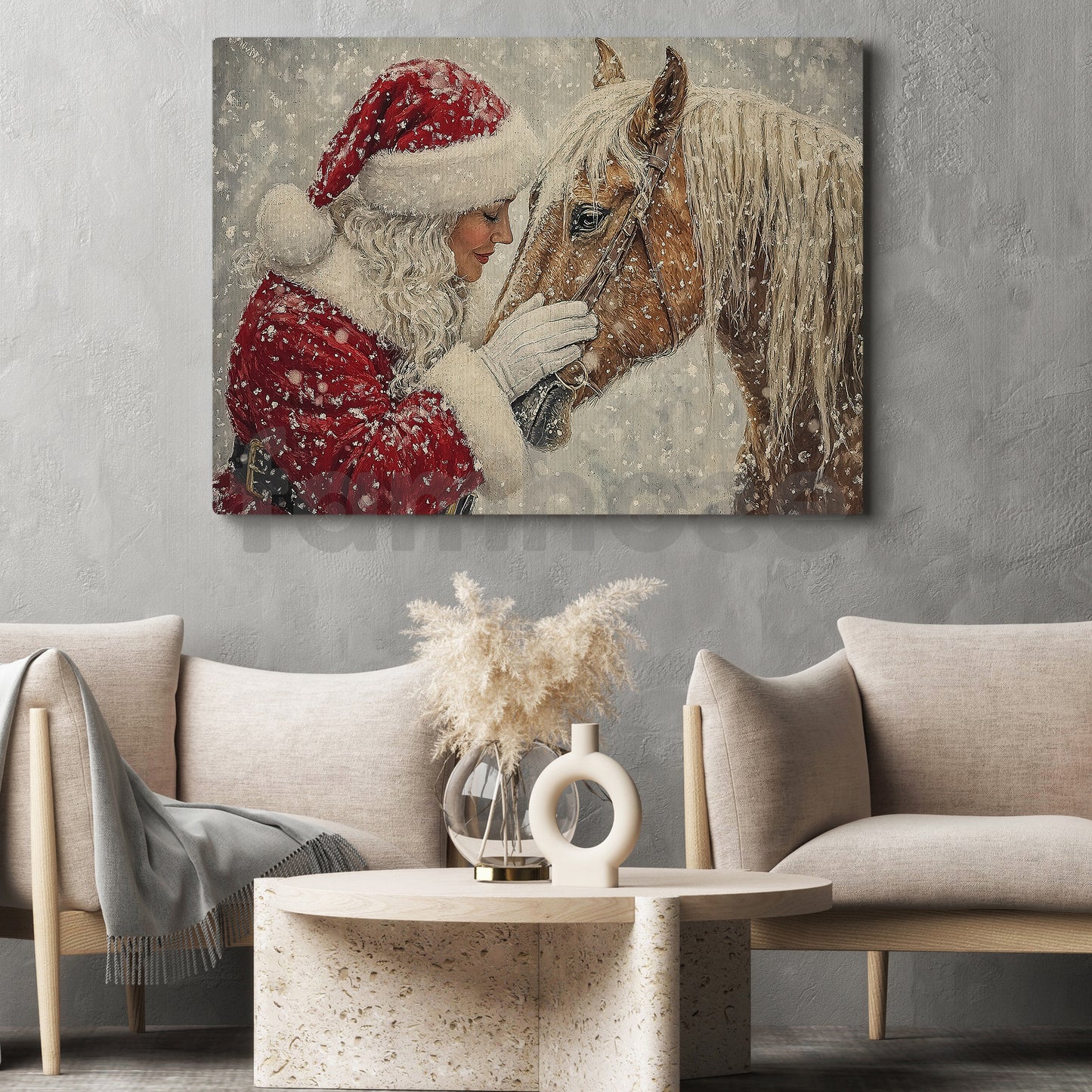 Christmas Horse Canvas Painting, Rustic Santa Woman And Horse Wall Art Decor, Xmas Poster Gift For Horse Lovers