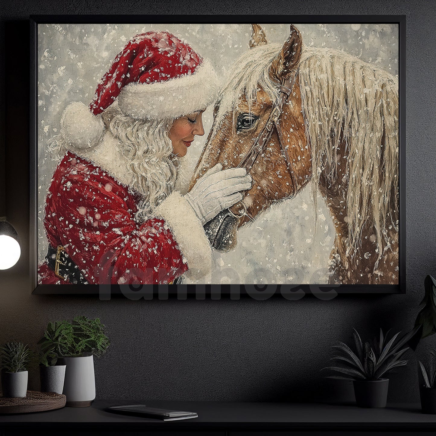 Christmas Horse Canvas Painting, Rustic Santa Woman And Horse Wall Art Decor, Xmas Poster Gift For Horse Lovers
