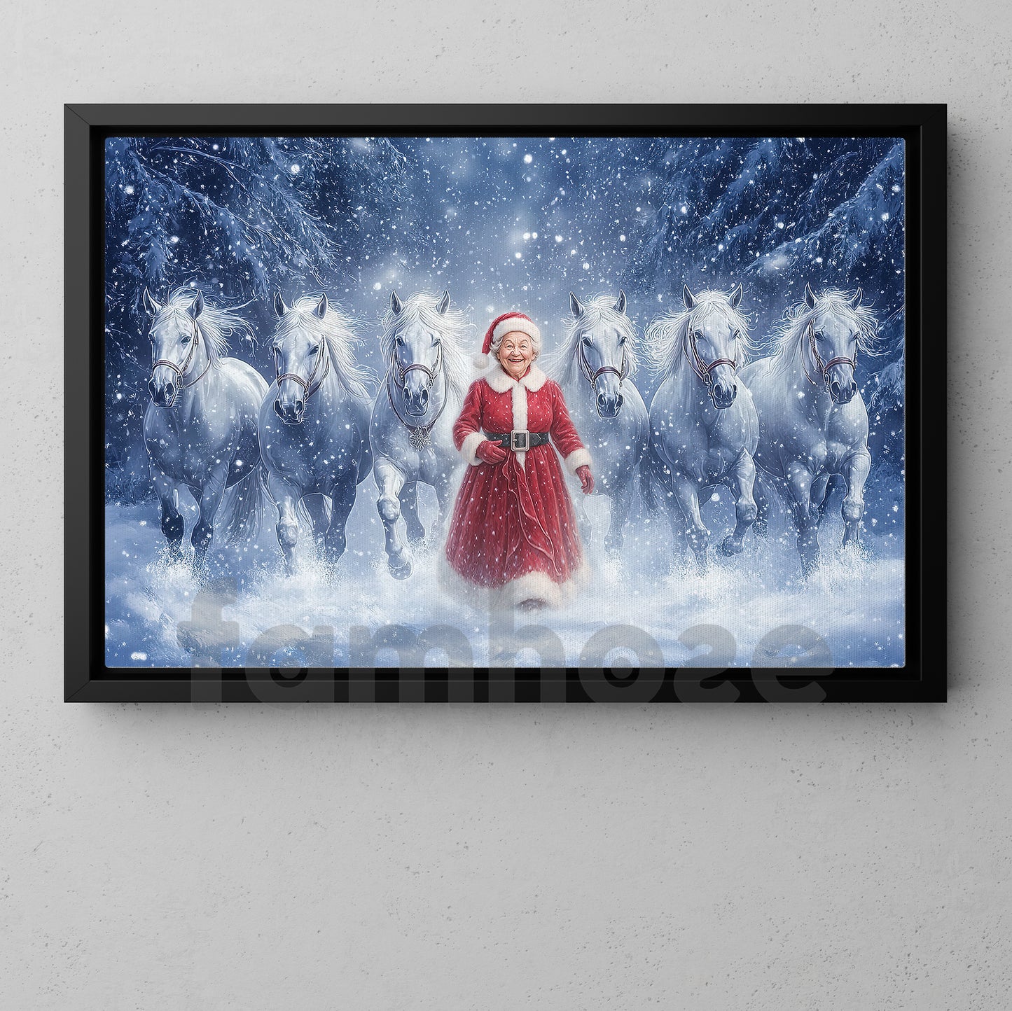 Christmas Santa Woman Canvas Painting, Santa Woman With White Horses Wall Art Decor, Xmas Poster Gift For Horse Lovers