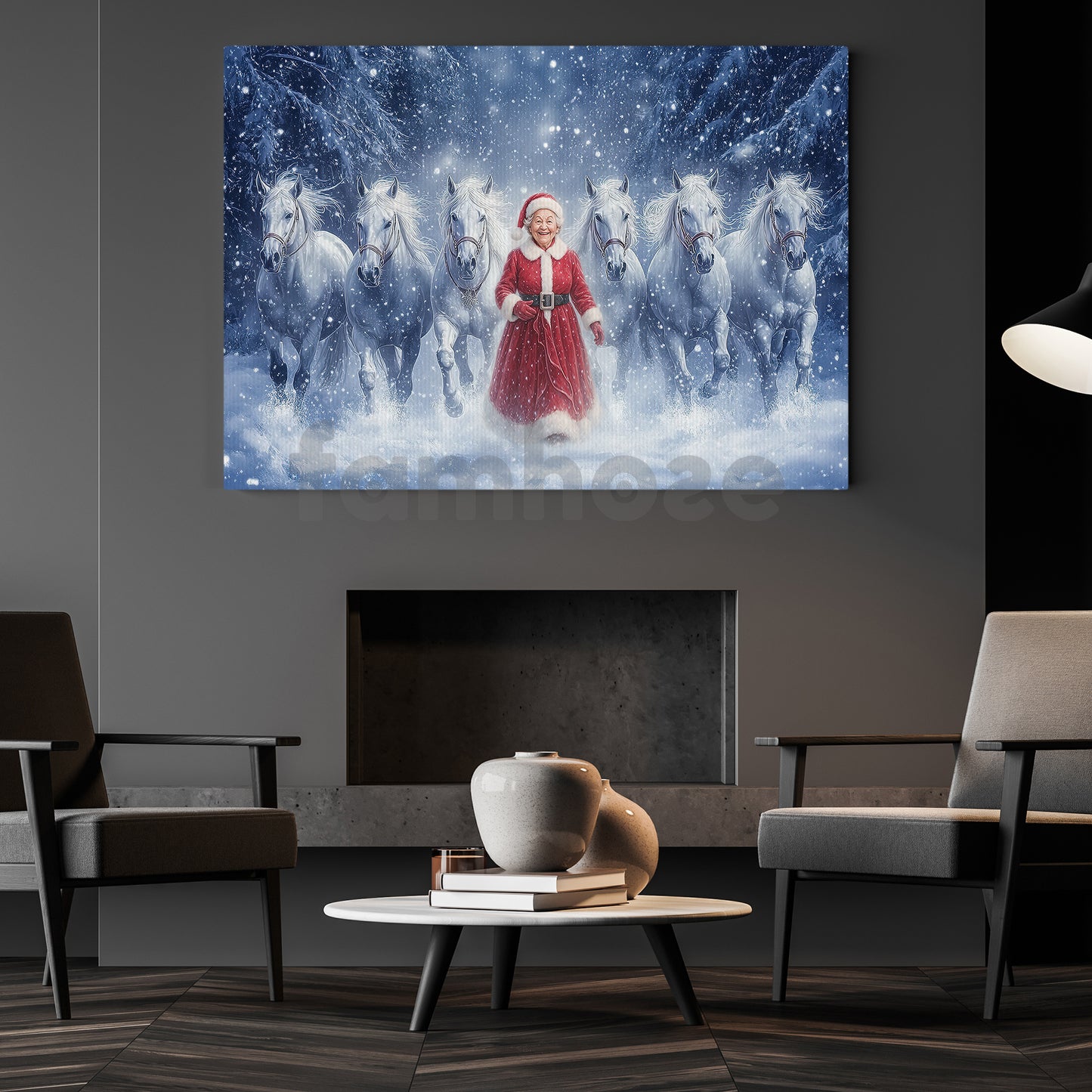 Christmas Santa Woman Canvas Painting, Santa Woman With White Horses Wall Art Decor, Xmas Poster Gift For Horse Lovers
