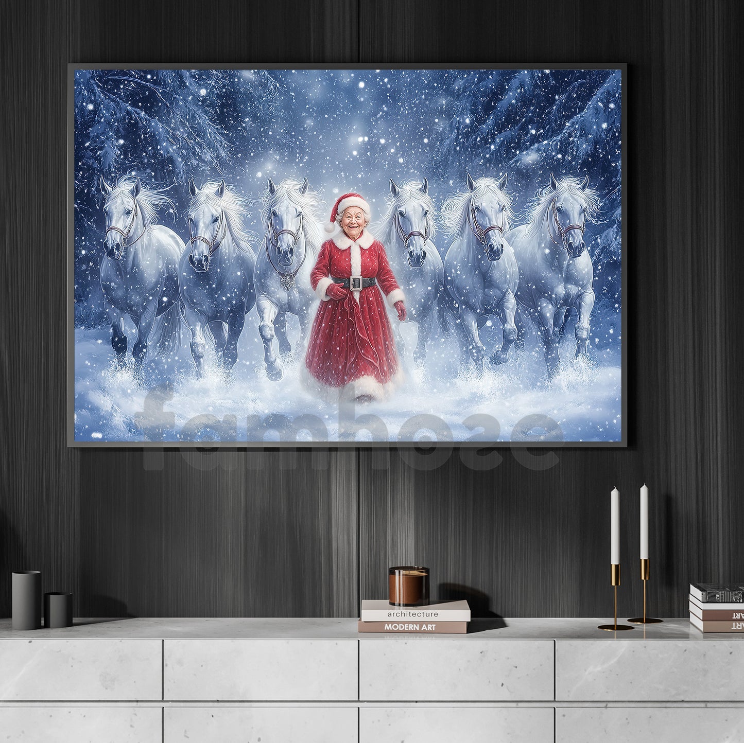 Christmas Santa Woman Canvas Painting, Santa Woman With White Horses Wall Art Decor, Xmas Poster Gift For Horse Lovers