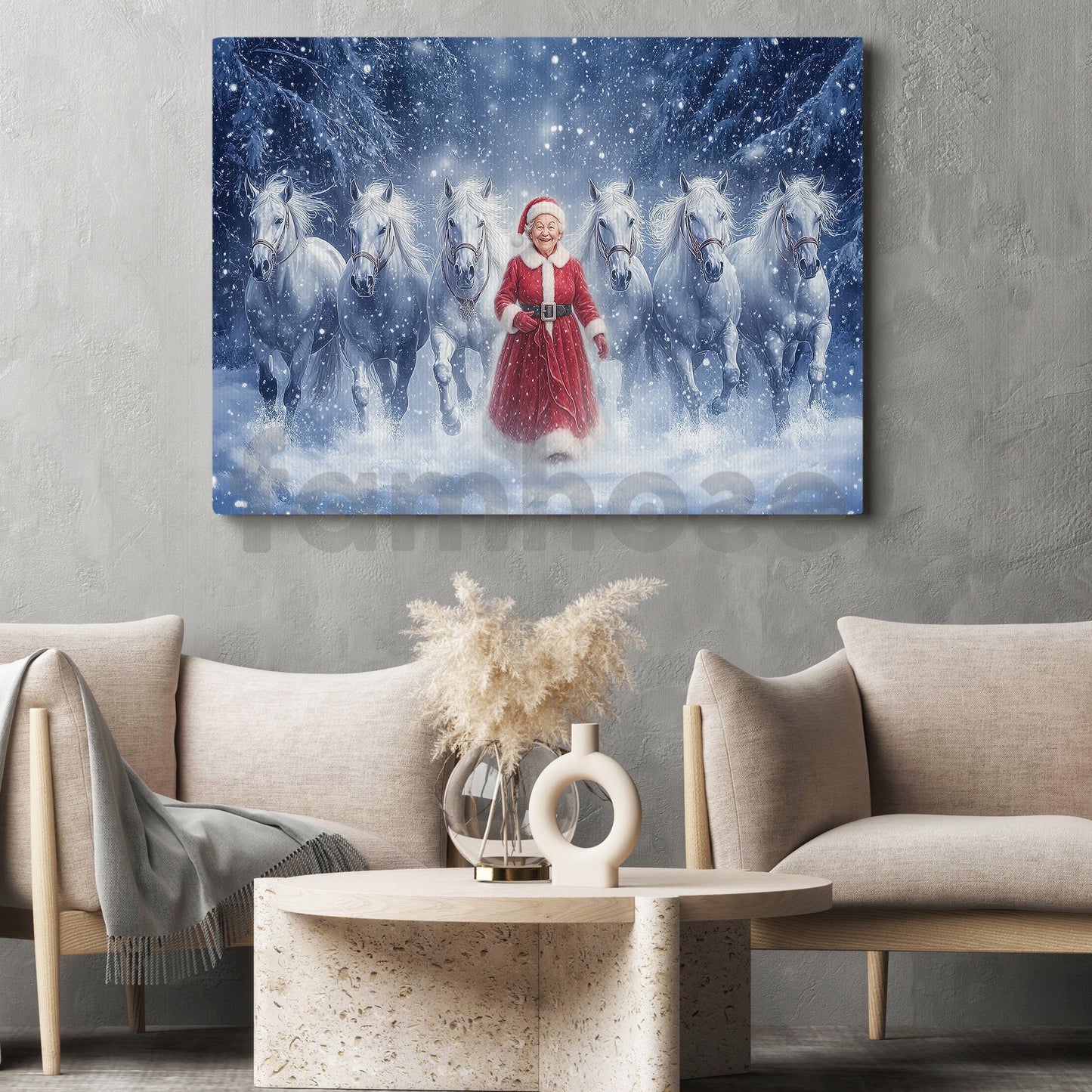 Christmas Santa Woman Canvas Painting, Santa Woman With White Horses Wall Art Decor, Xmas Poster Gift For Horse Lovers