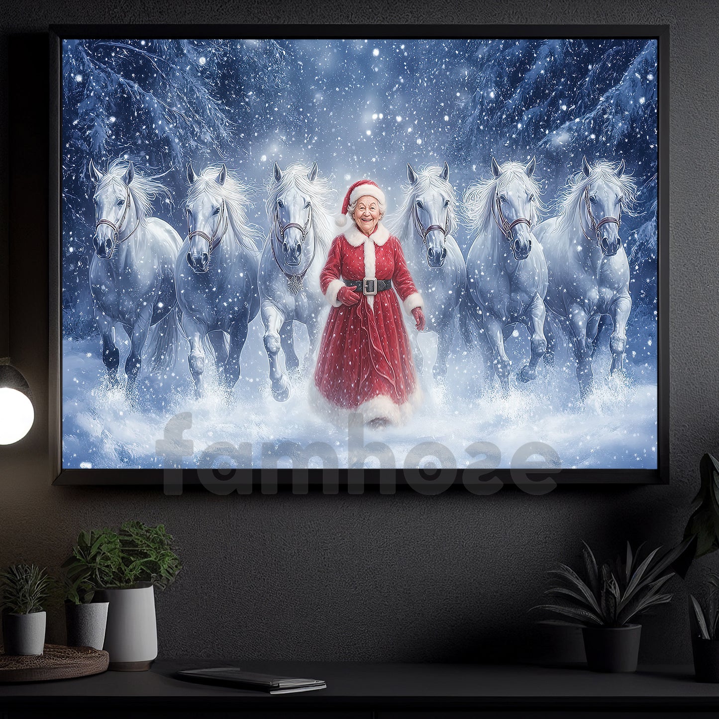 Christmas Santa Woman Canvas Painting, Santa Woman With White Horses Wall Art Decor, Xmas Poster Gift For Horse Lovers