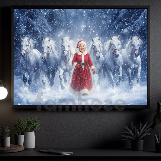 Christmas Santa Woman Canvas Painting, Santa Woman With White Horses Wall Art Decor, Xmas Poster Gift For Horse Lovers