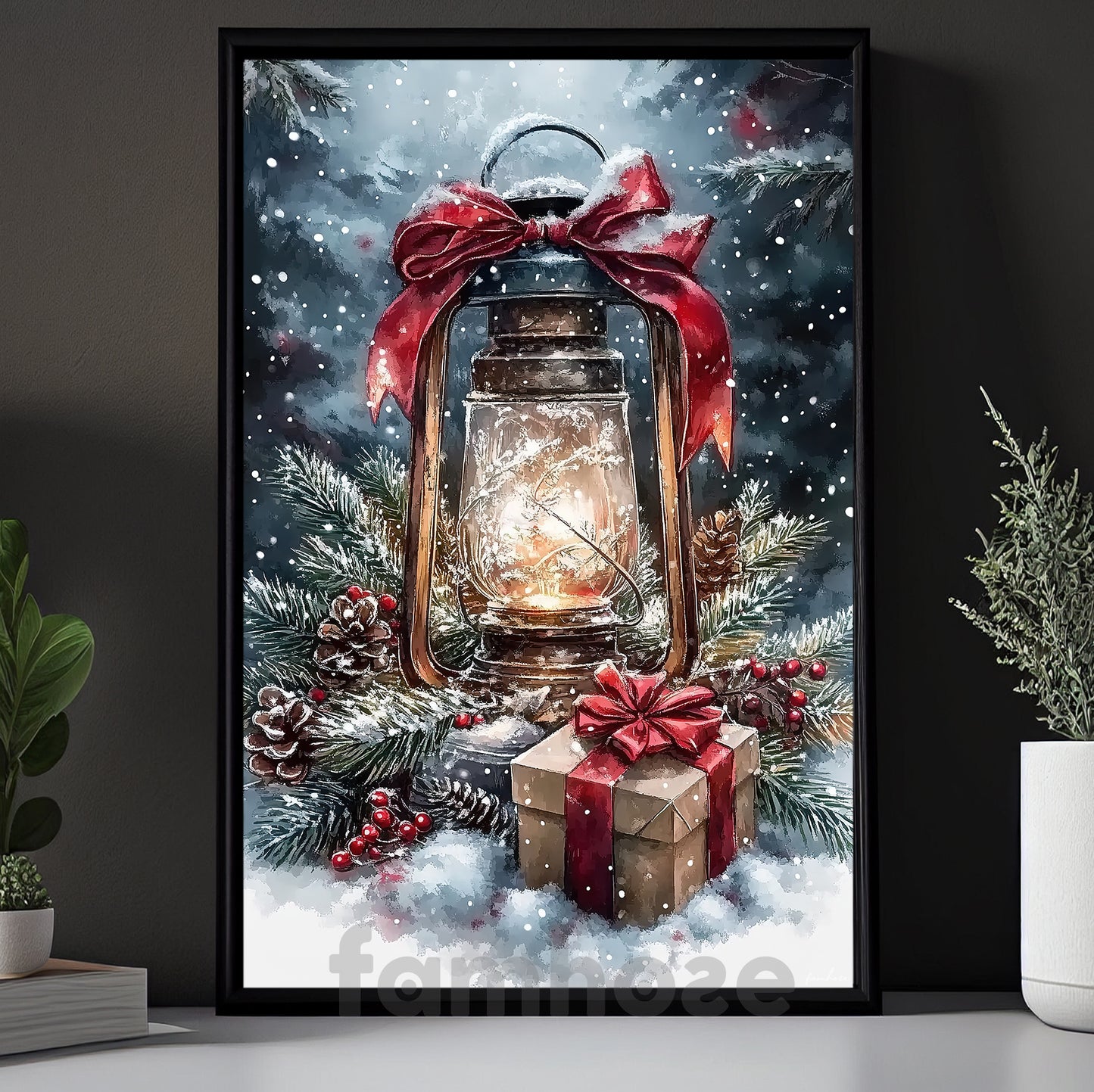 Christmas Canvas Painting, Glowing Winter Lantern Wall Art Decor, Xmas Poster Gift