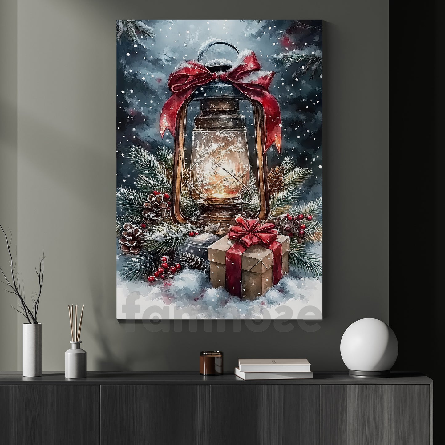 Christmas Canvas Painting, Glowing Winter Lantern Wall Art Decor, Xmas Poster Gift