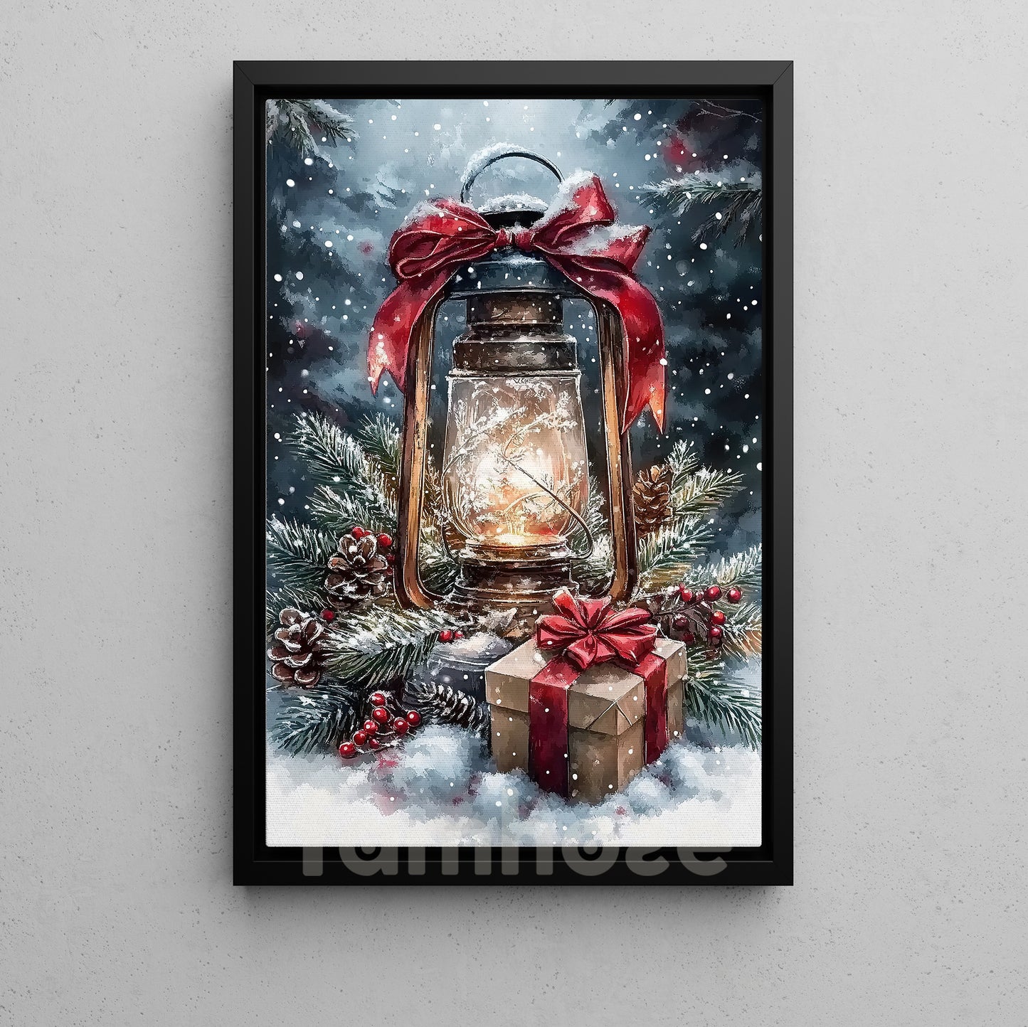 Christmas Canvas Painting, Glowing Winter Lantern Wall Art Decor, Xmas Poster Gift