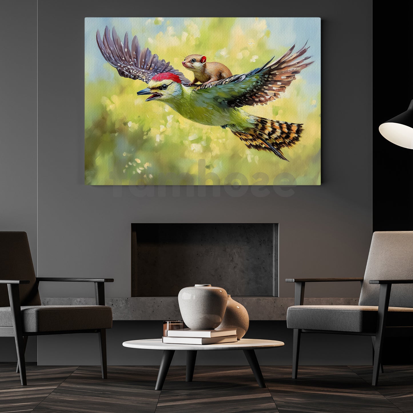 Surreal Animal Friendship Canvas Painting, A Weasel Riding A Woodpecker Wall Art Decor, Natural Poster Gift For Wild Animals Lover