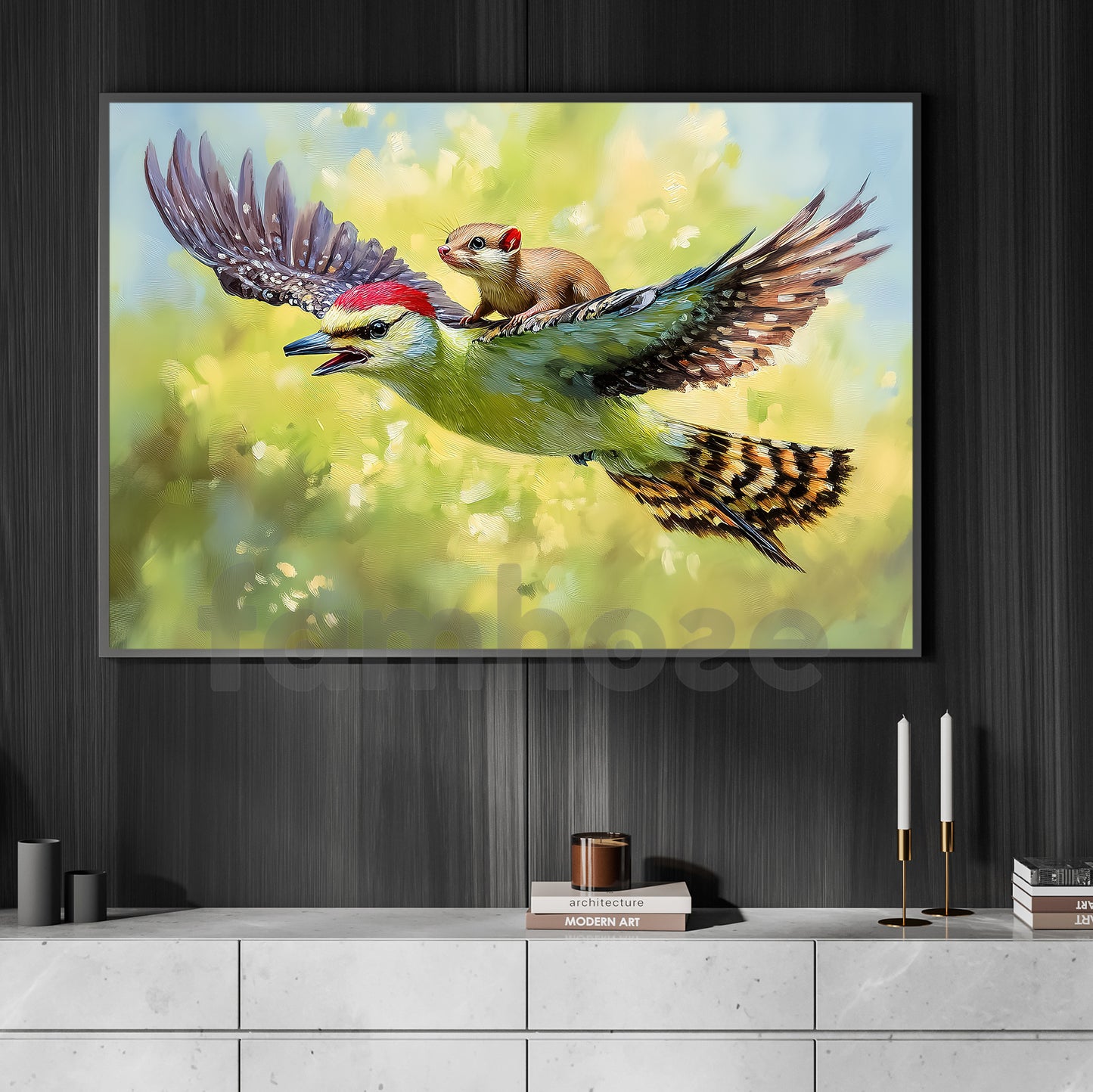 Surreal Animal Friendship Canvas Painting, A Weasel Riding A Woodpecker Wall Art Decor, Natural Poster Gift For Wild Animals Lover