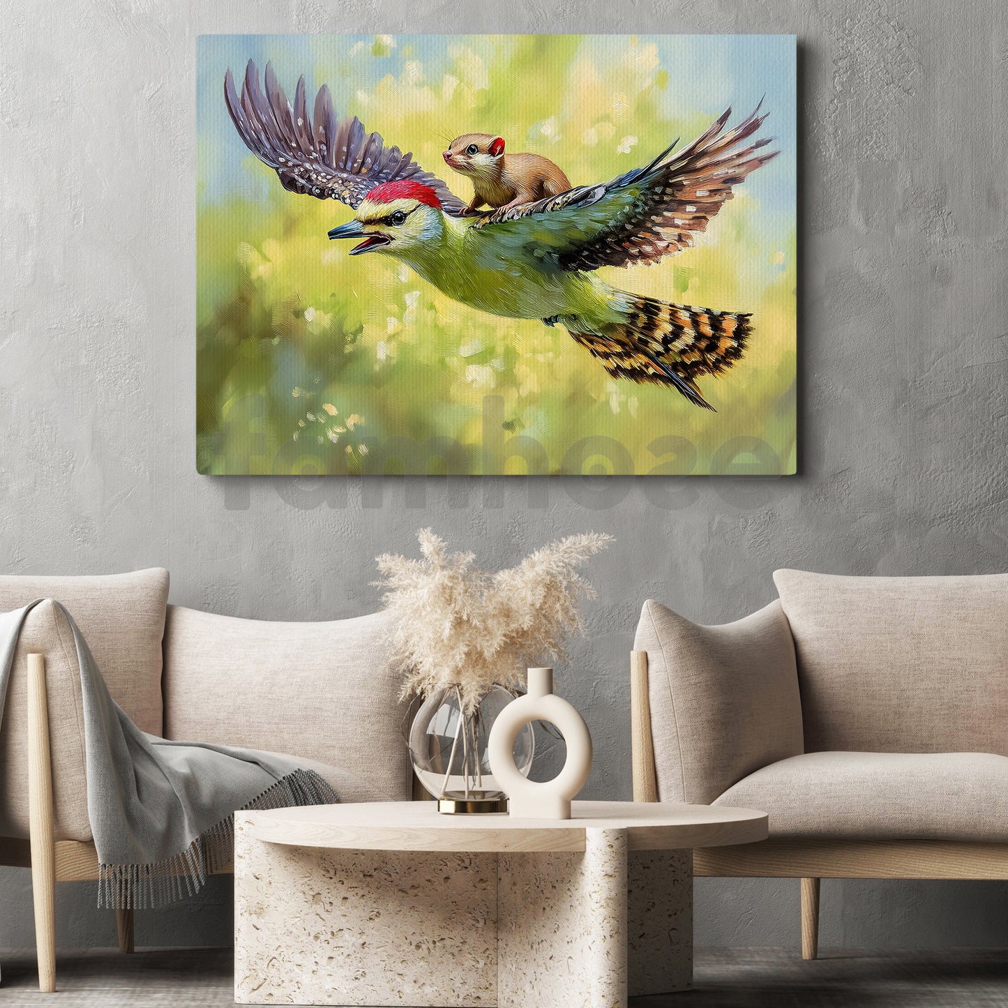 Surreal Animal Friendship Canvas Painting, A Weasel Riding A Woodpecker Wall Art Decor, Natural Poster Gift For Wild Animals Lover