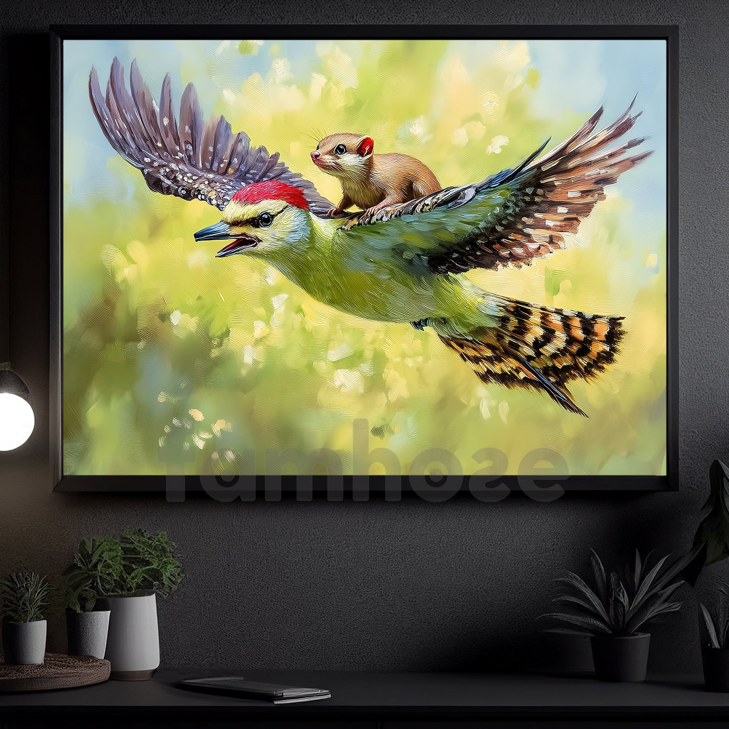 Surreal Animal Friendship Canvas Painting, A Weasel Riding A Woodpecker Wall Art Decor, Natural Poster Gift For Wild Animals Lover
