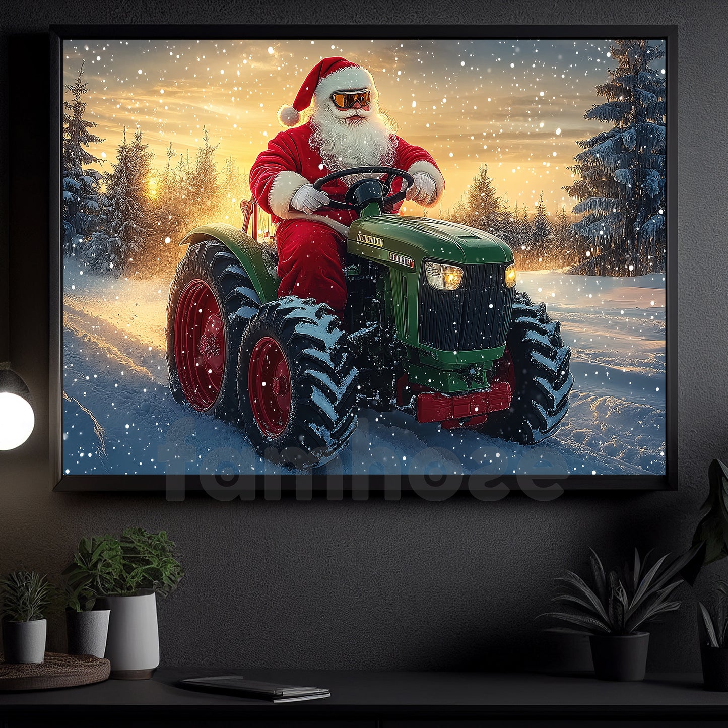 Christmas Farm Tractor Canvas Painting, Santa Rides A Green Tractor Wall Art Decor, Xmas Poster Gift For Tractor Lover