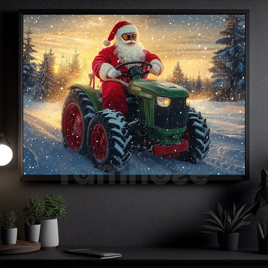 Christmas Farm Tractor Canvas Painting, Santa Rides A Green Tractor Wall Art Decor, Xmas Poster Gift For Tractor Lover