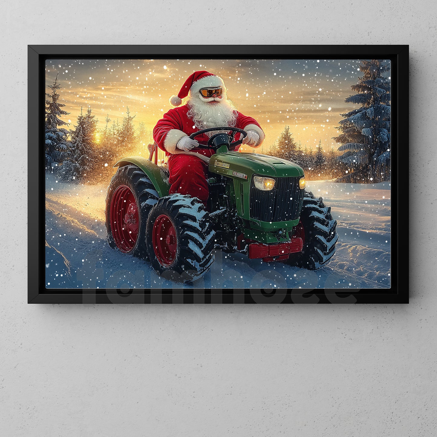 Christmas Farm Tractor Canvas Painting, Santa Rides A Green Tractor Wall Art Decor, Xmas Poster Gift For Tractor Lover