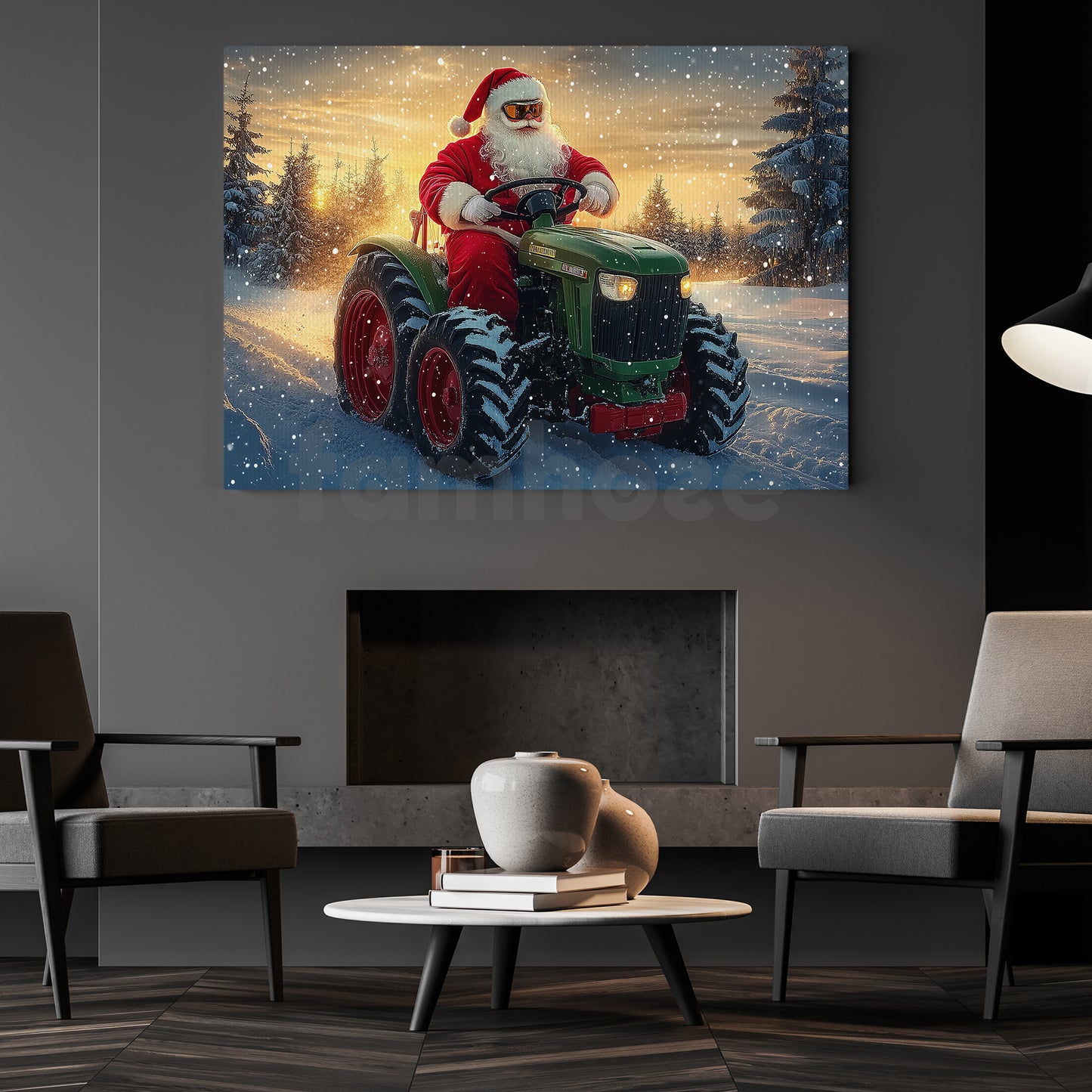 Christmas Farm Tractor Canvas Painting, Santa Rides A Green Tractor Wall Art Decor, Xmas Poster Gift For Tractor Lover