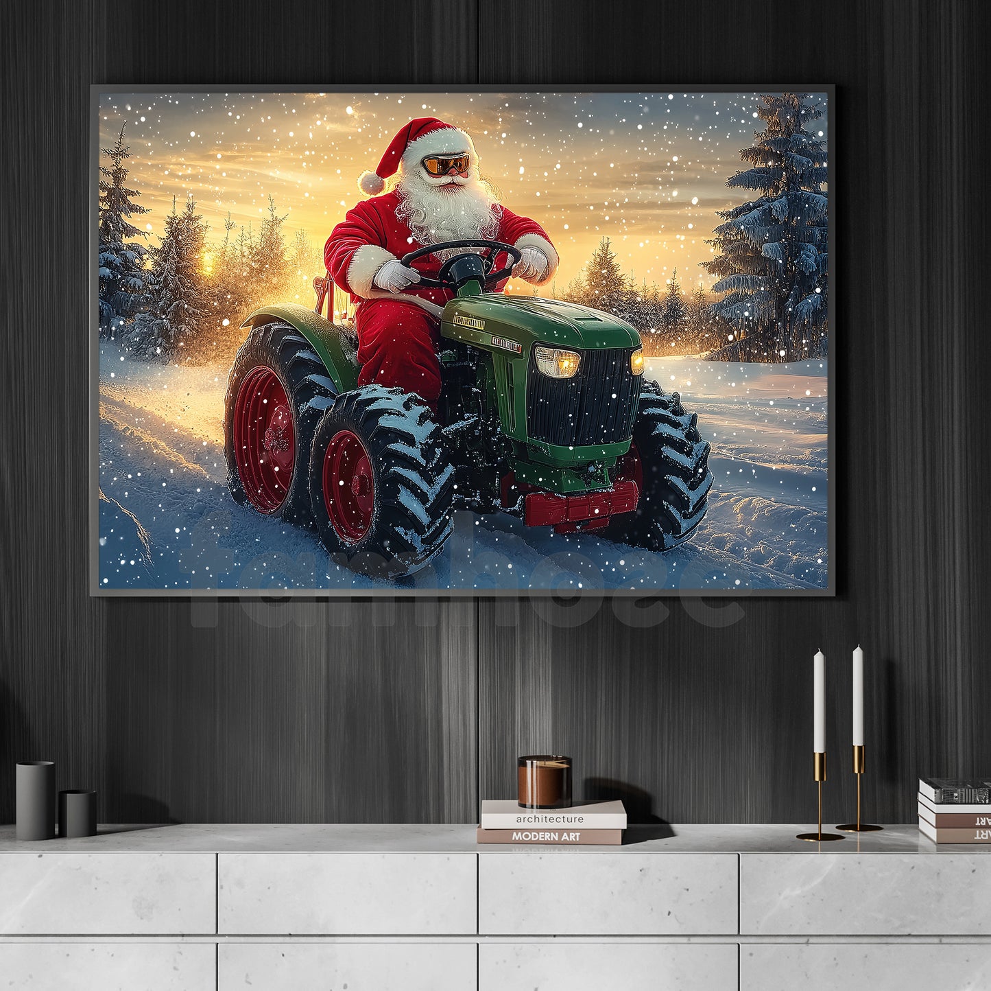 Christmas Farm Tractor Canvas Painting, Santa Rides A Green Tractor Wall Art Decor, Xmas Poster Gift For Tractor Lover