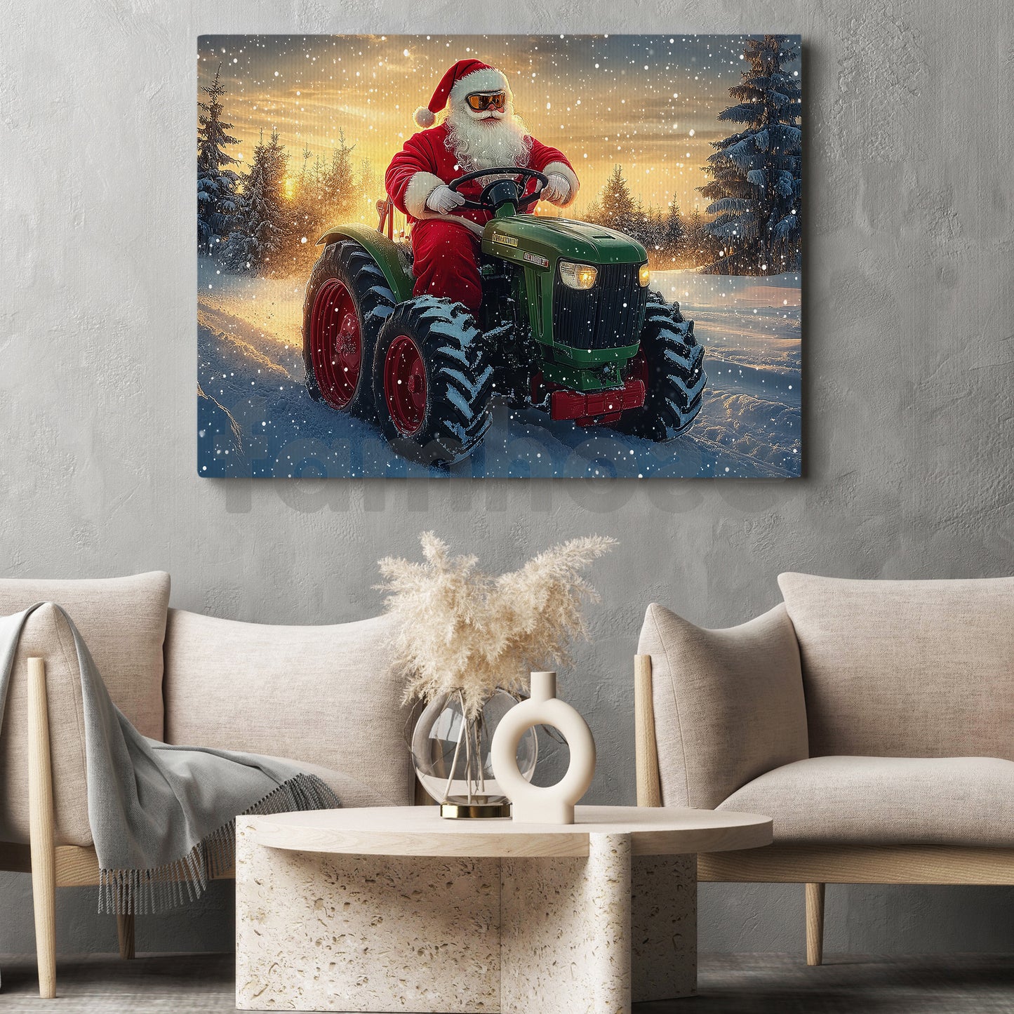 Christmas Farm Tractor Canvas Painting, Santa Rides A Green Tractor Wall Art Decor, Xmas Poster Gift For Tractor Lover