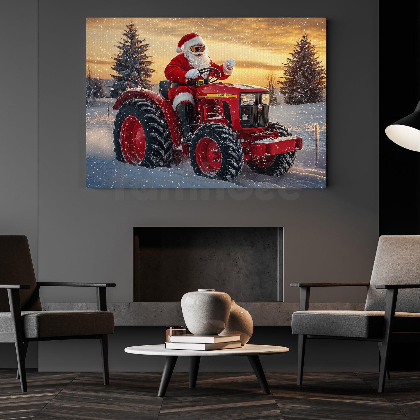 Christmas Farm Tractor Canvas Painting, Santa Rides A Red Tractor Wall Art Decor, Xmas Poster Gift For Tractor Lover