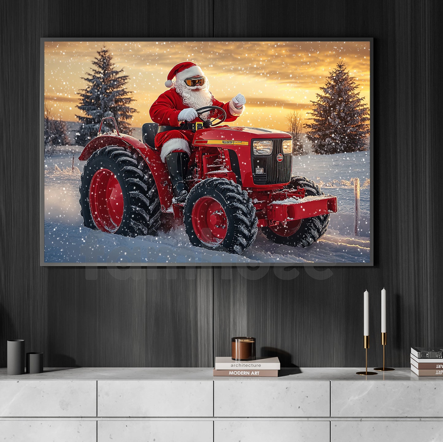 Christmas Farm Tractor Canvas Painting, Santa Rides A Red Tractor Wall Art Decor, Xmas Poster Gift For Tractor Lover