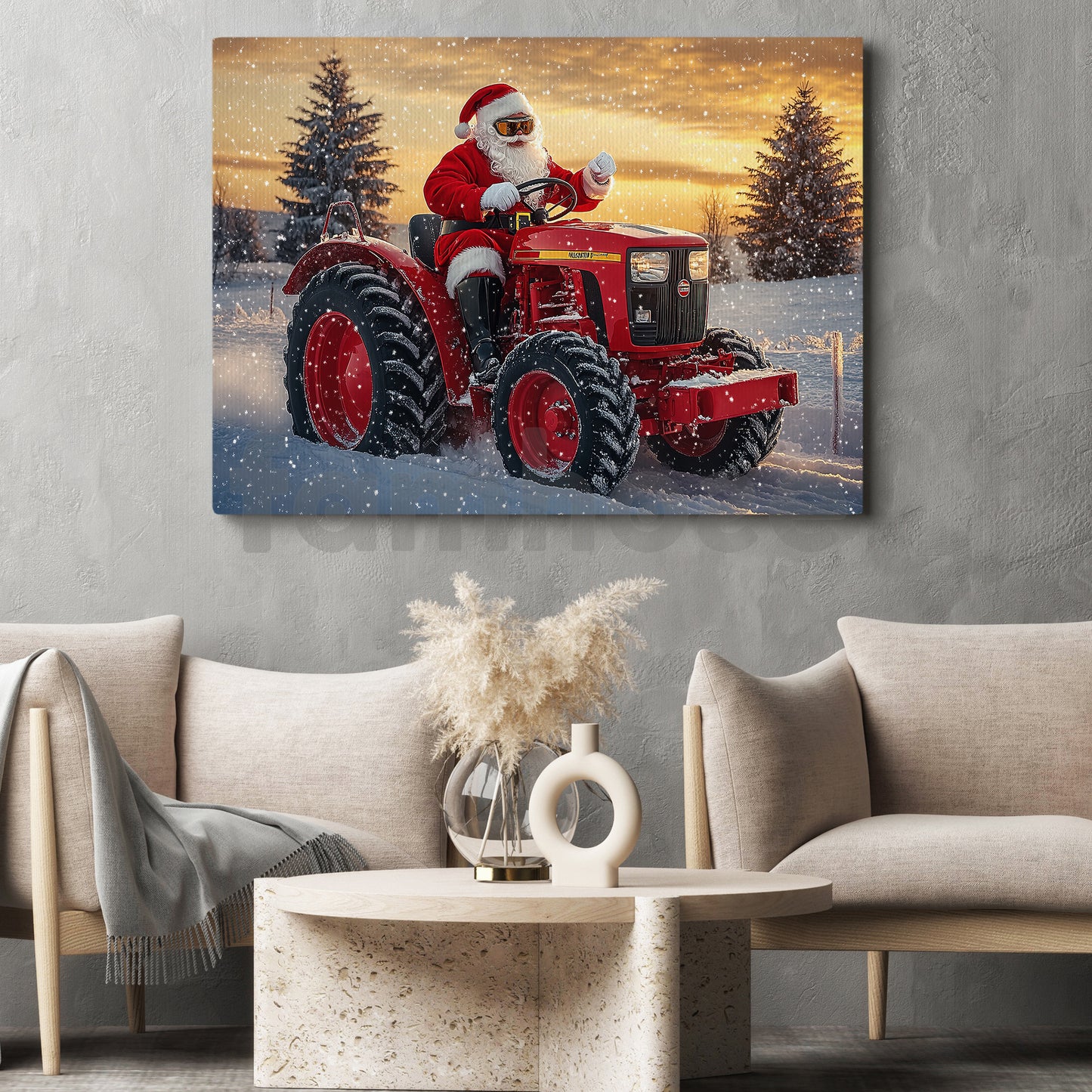 Christmas Farm Tractor Canvas Painting, Santa Rides A Red Tractor Wall Art Decor, Xmas Poster Gift For Tractor Lover