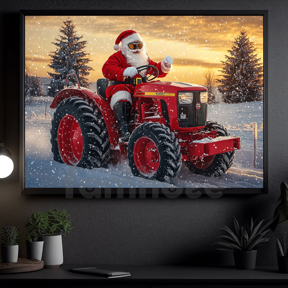Santa Riding Tractor Christmas Farm Tractor Canvas Painting, Santa Rides A Red Tractor Wall ...