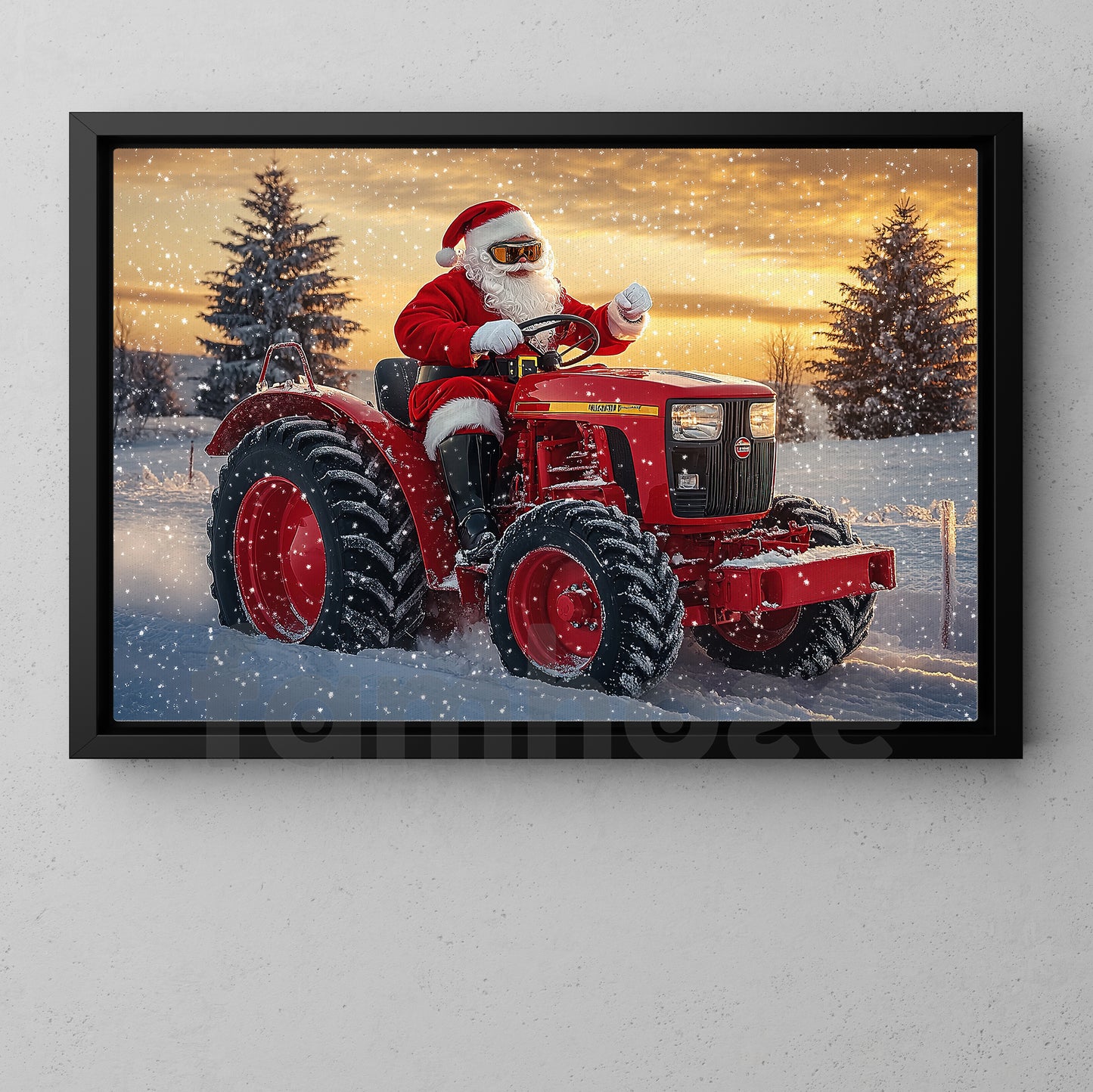 Christmas Farm Tractor Canvas Painting, Santa Rides A Red Tractor Wall Art Decor, Xmas Poster Gift For Tractor Lover