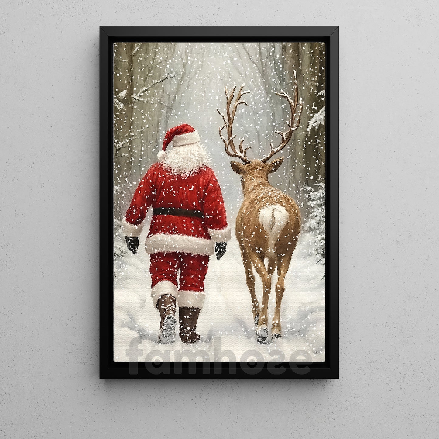 Christmas Canvas Painting, Santa Walking With His Reindeer Wall Art Decor, Xmas Poster Gift To Decor House Or Office