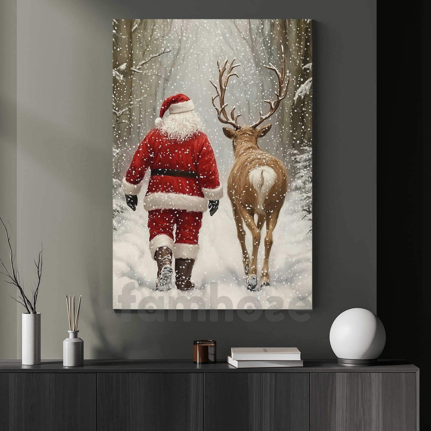 Christmas Canvas Painting, Santa Walking With His Reindeer Wall Art Decor, Xmas Poster Gift To Decor House Or Office