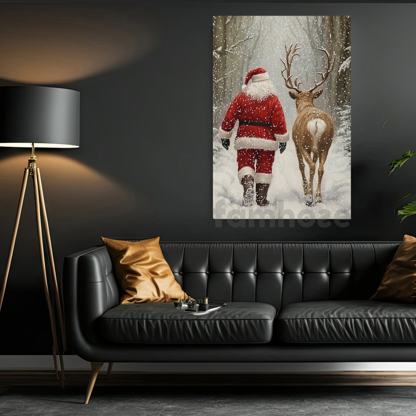 Christmas Canvas Painting, Santa Walking With His Reindeer Wall Art Decor, Xmas Poster Gift To Decor House Or Office
