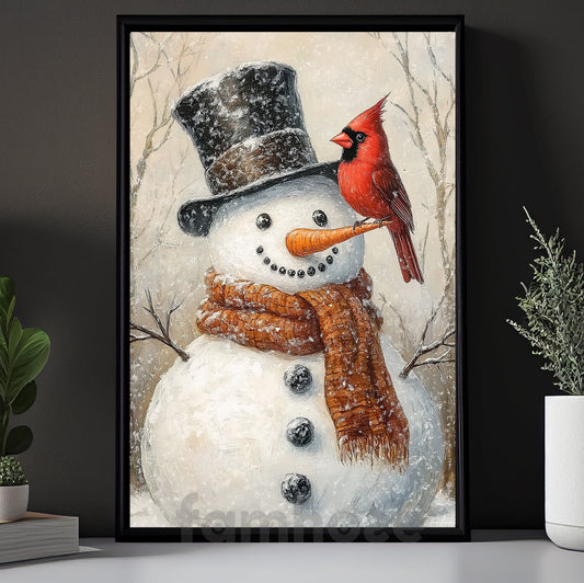 Christmas Snowman Canvas Painting, Charming Snowman With Cardinal Wall Art Decor, Xmas Poster Gift To Decor House Or Office
