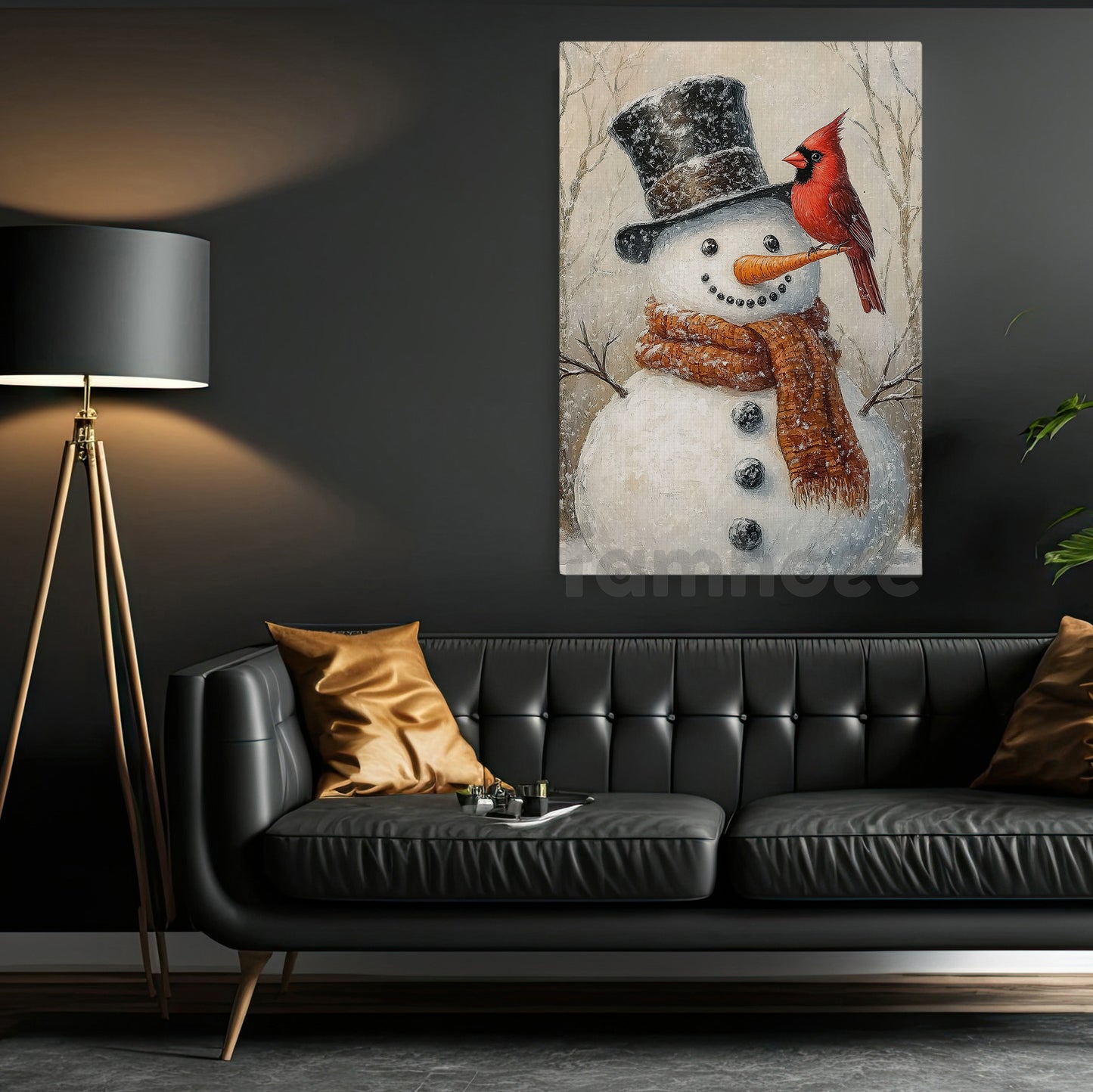 Christmas Snowman Canvas Painting, Charming Snowman With Cardinal Wall Art Decor, Xmas Poster Gift To Decor House Or Office