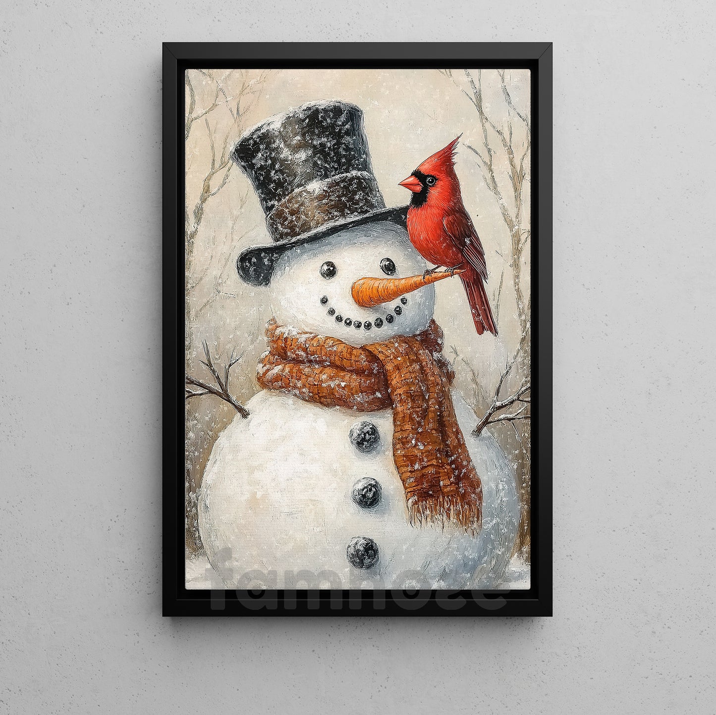 Christmas Snowman Canvas Painting, Charming Snowman With Cardinal Wall Art Decor, Xmas Poster Gift To Decor House Or Office