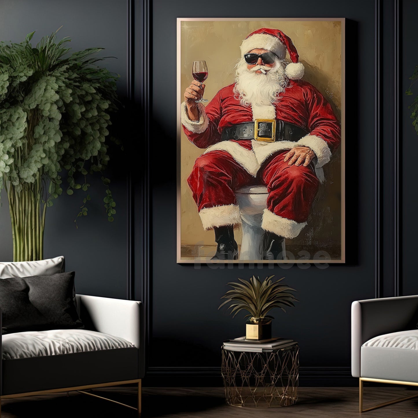 Funny Christmas Toilet Canvas Painting, Santa Claus In His Toilet Bathroom Wall Art Decor, Xmas Restroom Poster Gift