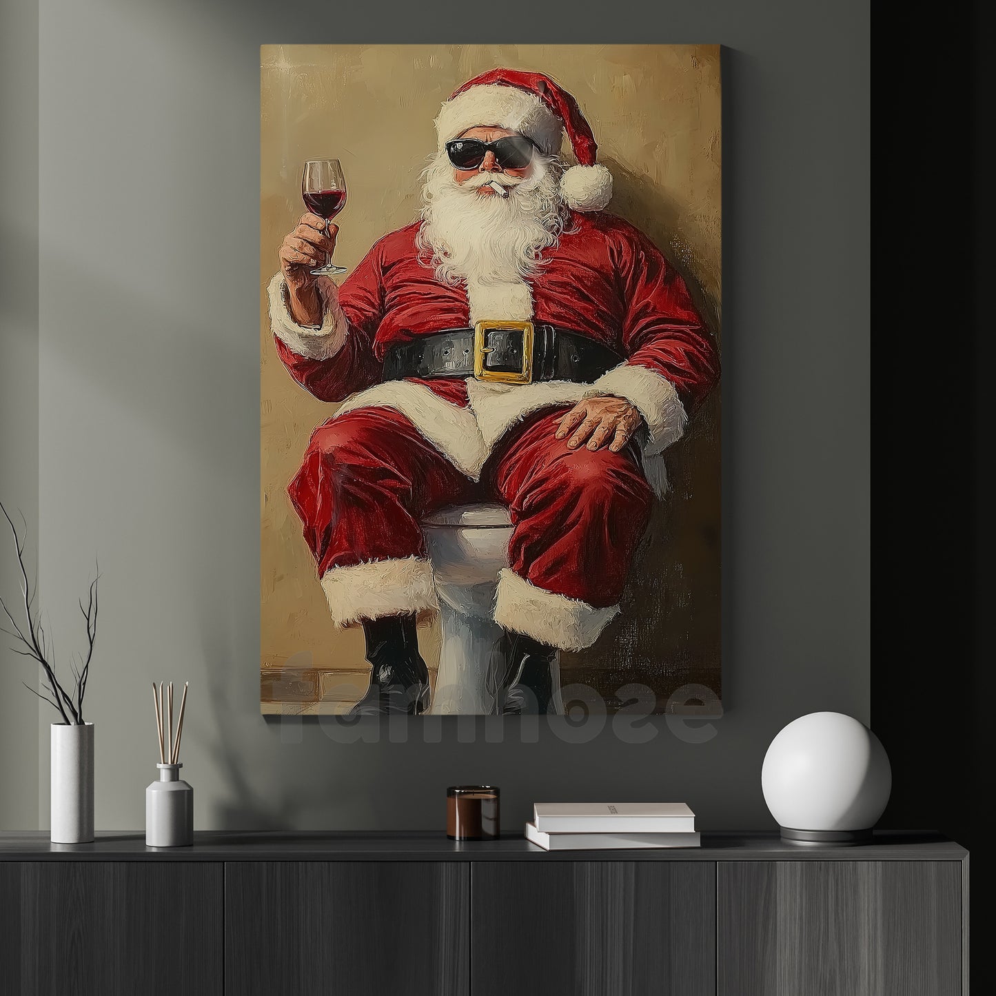 Funny Christmas Toilet Canvas Painting, Santa Claus In His Toilet Bathroom Wall Art Decor, Xmas Restroom Poster Gift