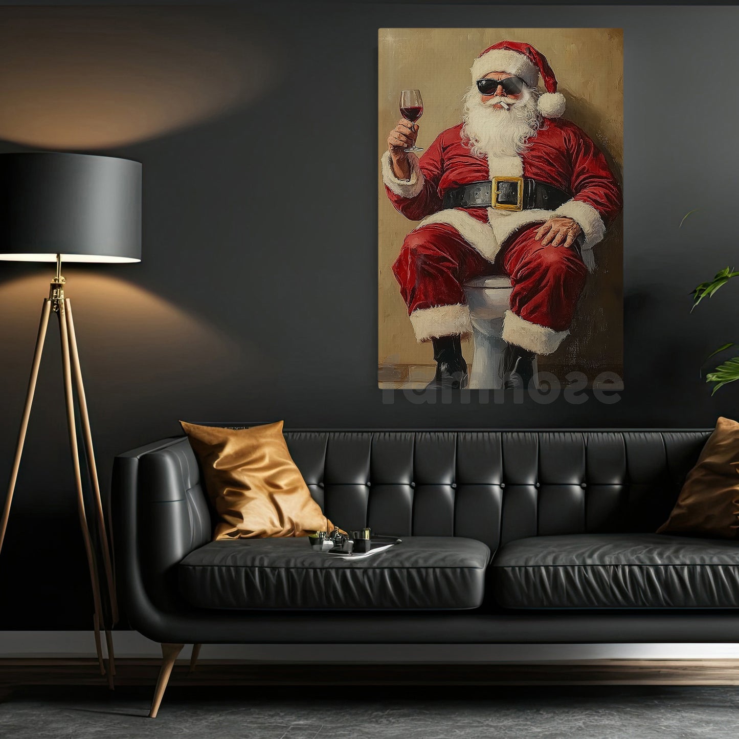 Funny Christmas Toilet Canvas Painting, Santa Claus In His Toilet Bathroom Wall Art Decor, Xmas Restroom Poster Gift