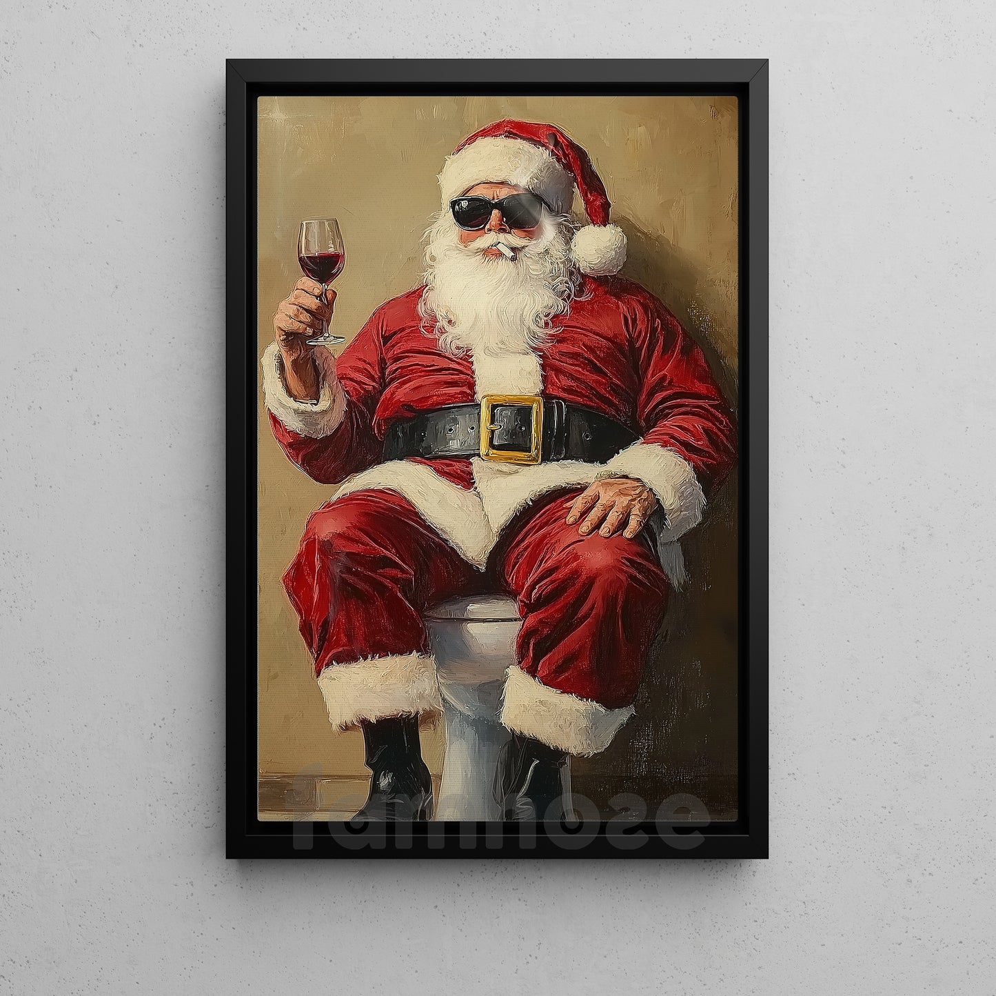 Funny Christmas Toilet Canvas Painting, Santa Claus In His Toilet Bathroom Wall Art Decor, Xmas Restroom Poster Gift