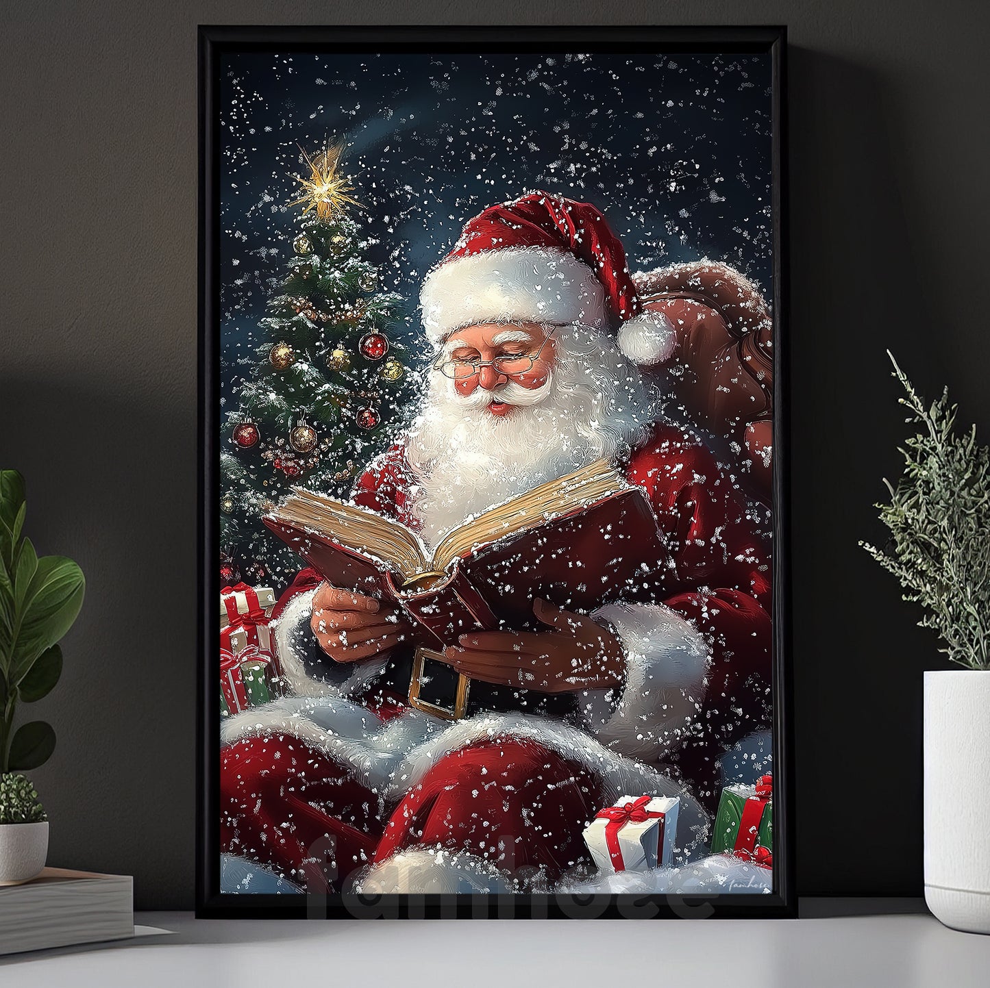 Christmas Book Canvas Painting, Santa Is Reading A Book Wall Art Decor, Xmas Poster Gift For Book Lover