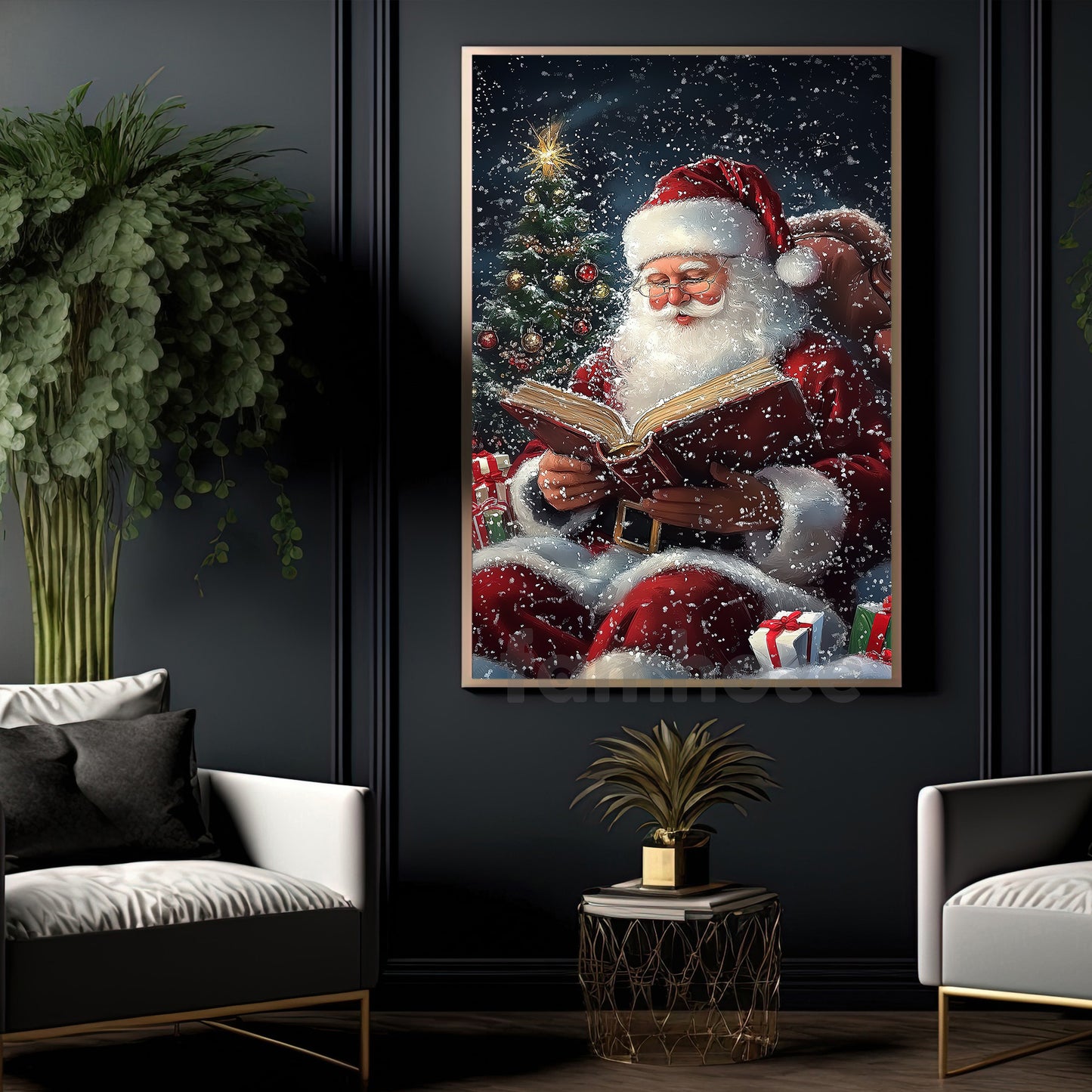 Christmas Book Canvas Painting, Santa Is Reading A Book Wall Art Decor, Xmas Poster Gift For Book Lover